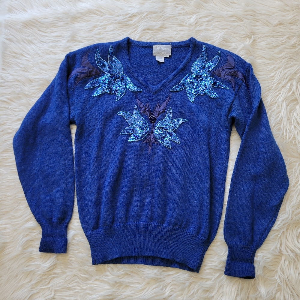 Vtg Regency Collection for Joyce Sweater Sequin Bling Party Blue Size S 80s